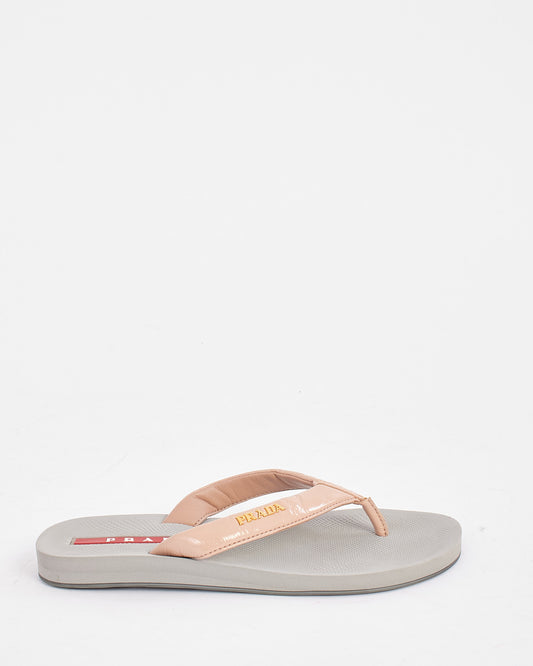 Prada Nude Patent Leather Flip Flop Sandals - 35