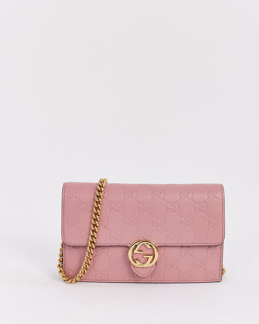 Gucci Pink Leather Signature GG Embossed Wallet On Chain