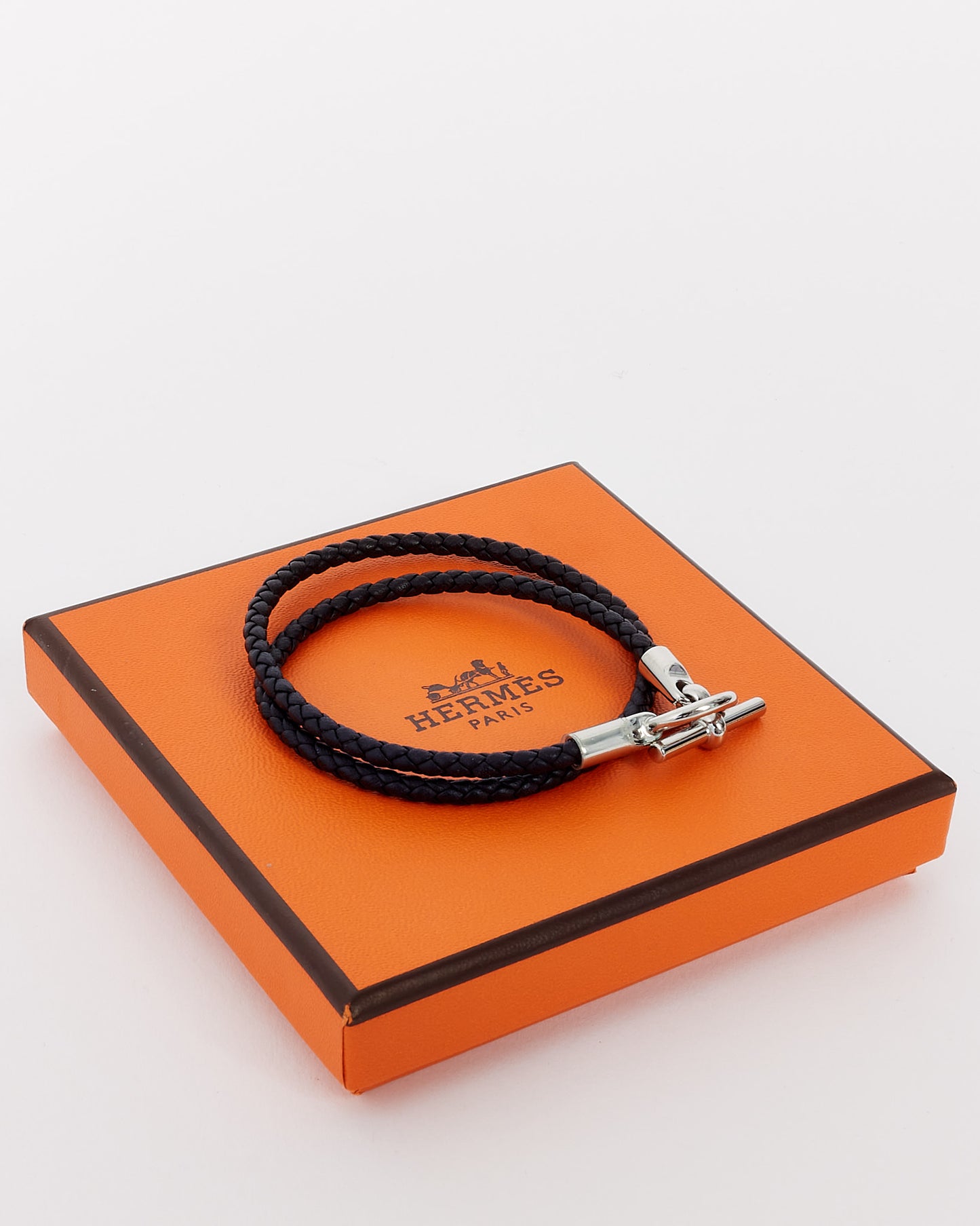 Hermès Black & Silver Leather Glenan Double Tour bracelet