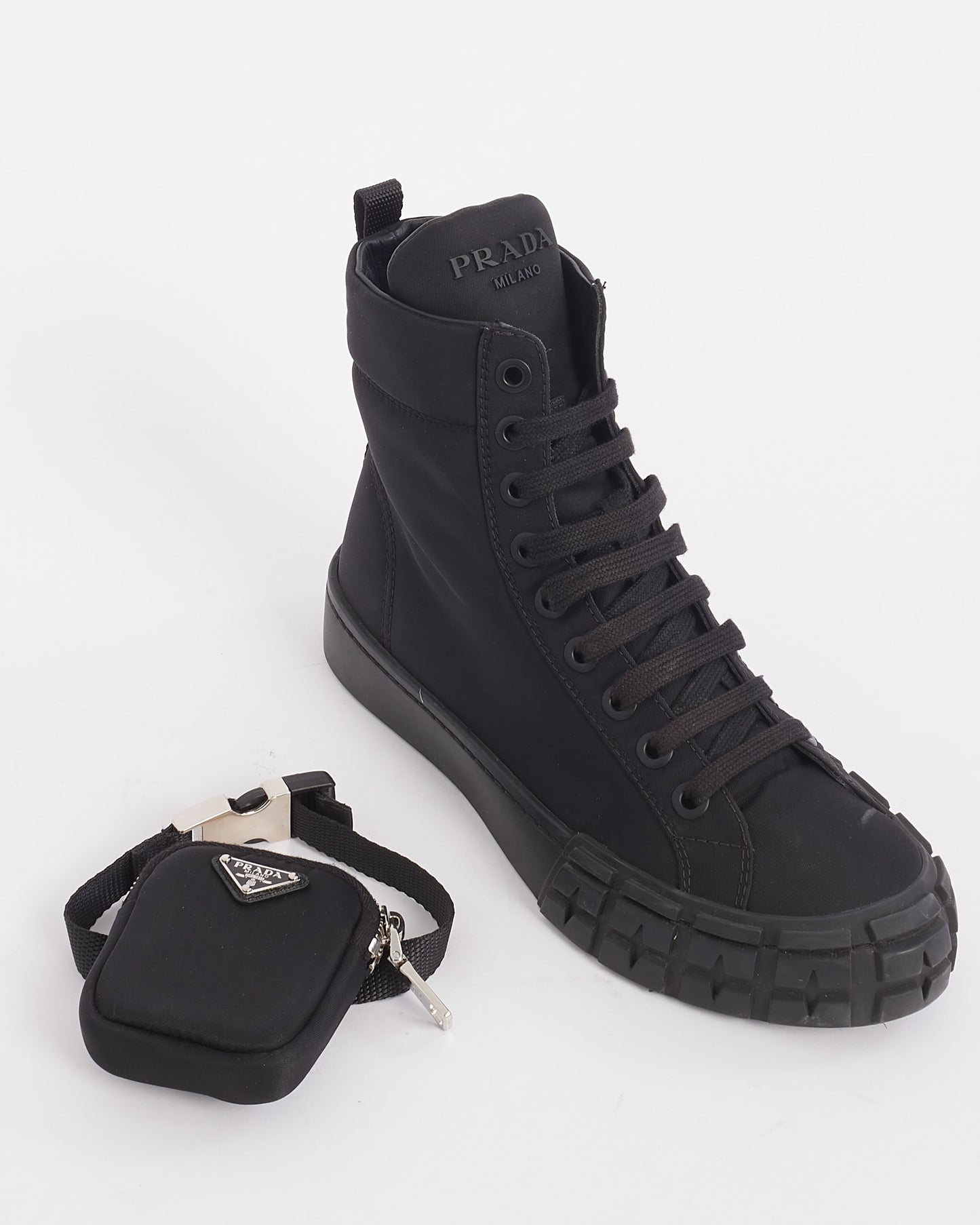 Prada Black Nylon Tessuto Cassetta Wheel High-Top Sneakers - 38.5