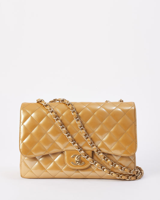 Chanel Gold Patent Leather Quilted Jumbo Single Flap Bag