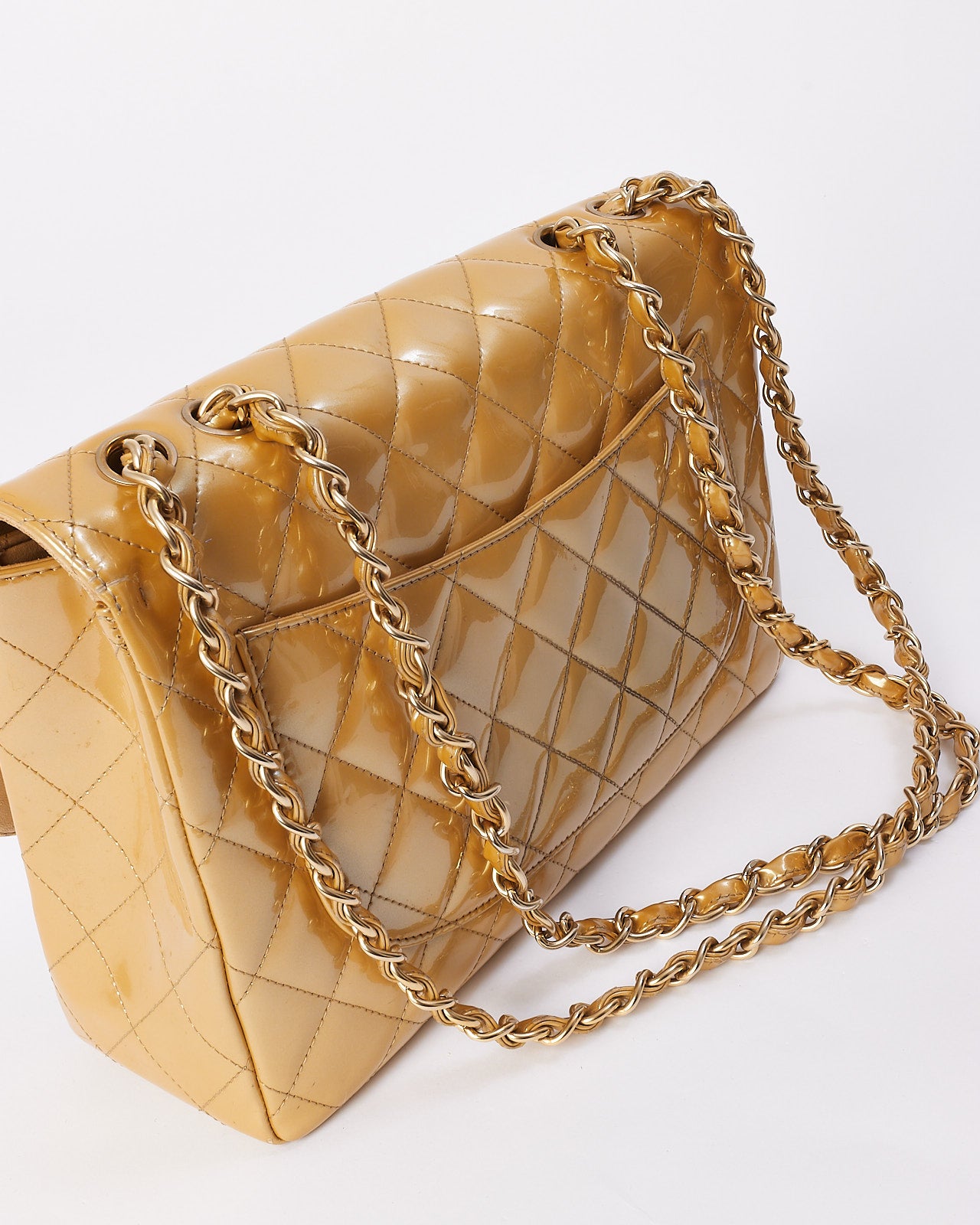 Chanel Gold Patent Leather Quilted Jumbo Single Flap Bag