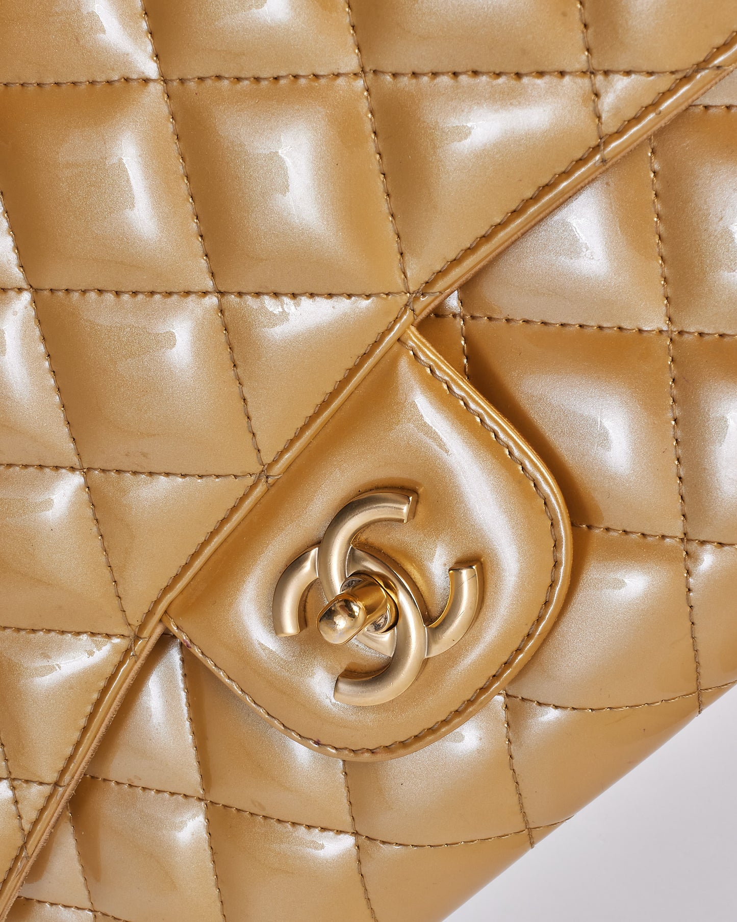 Chanel Gold Patent Leather Quilted Jumbo Single Flap Bag