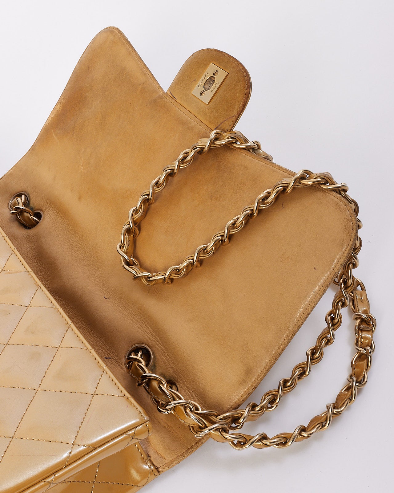 Chanel Gold Patent Leather Quilted Jumbo Single Flap Bag