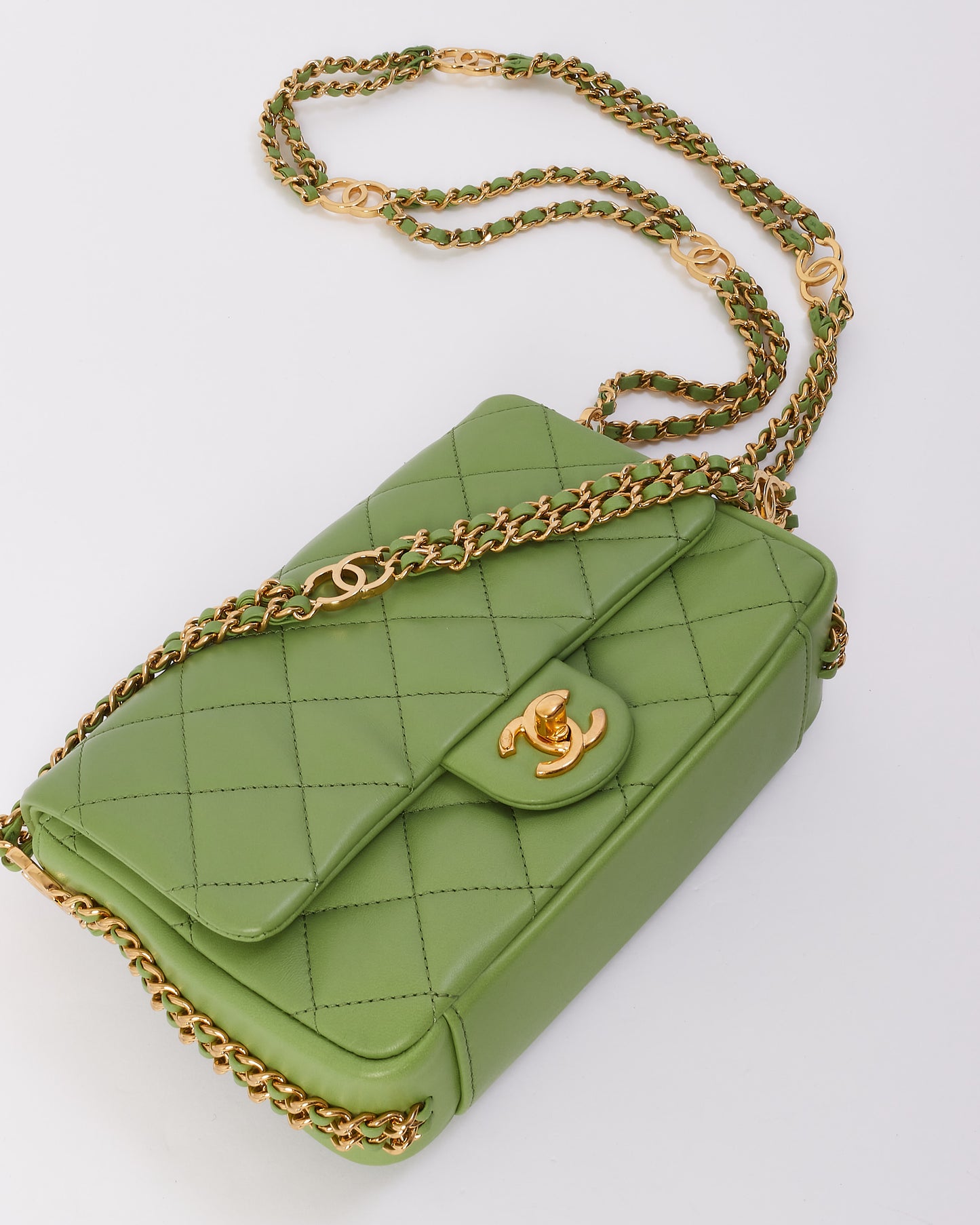 Chanel Green Leather with Gold Double CC Chain Flap Bag