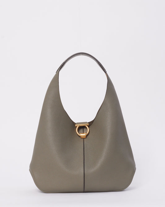 Salvatore Ferragamo Grey Leather Hobo Bag with Gold Buckle