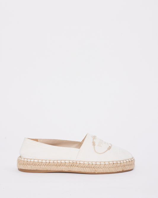 Prada White Canvas Logo Espadrille Shoes - 37