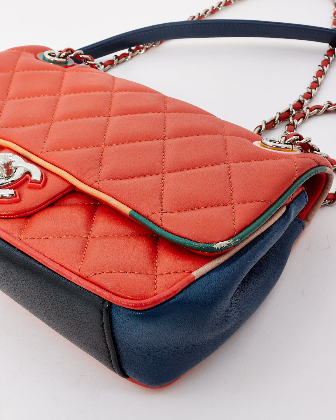 Chanel Coral & Navy Quilted Leather Paris-Cuba Single Flap Bag with Silver Hardware