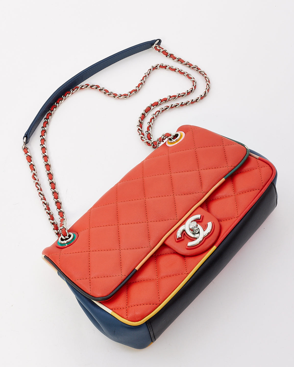 Chanel Coral & Navy Quilted Leather Paris-Cuba Single Flap Bag with Silver Hardware