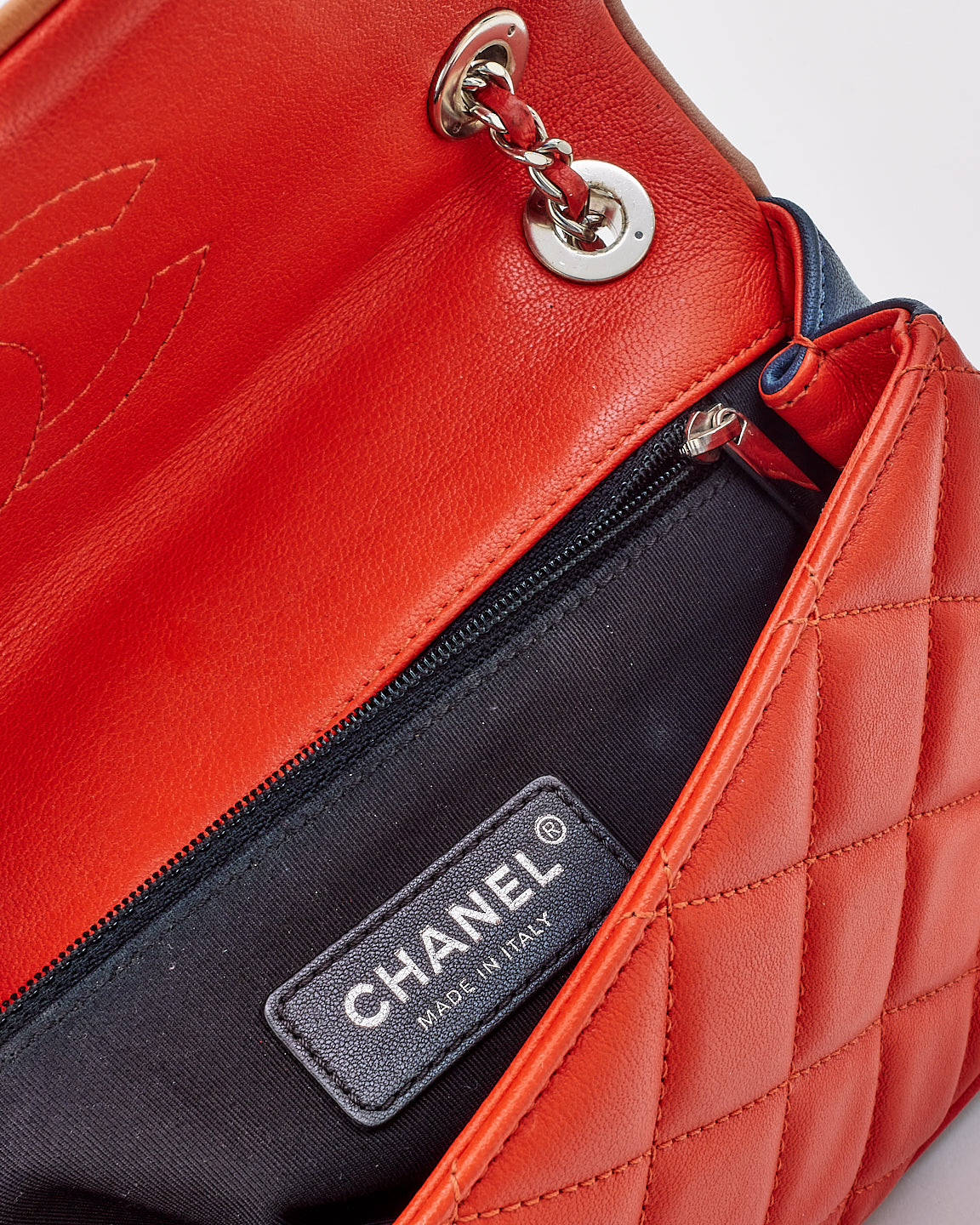 Chanel Coral & Navy Quilted Leather Paris-Cuba Single Flap Bag with Silver Hardware