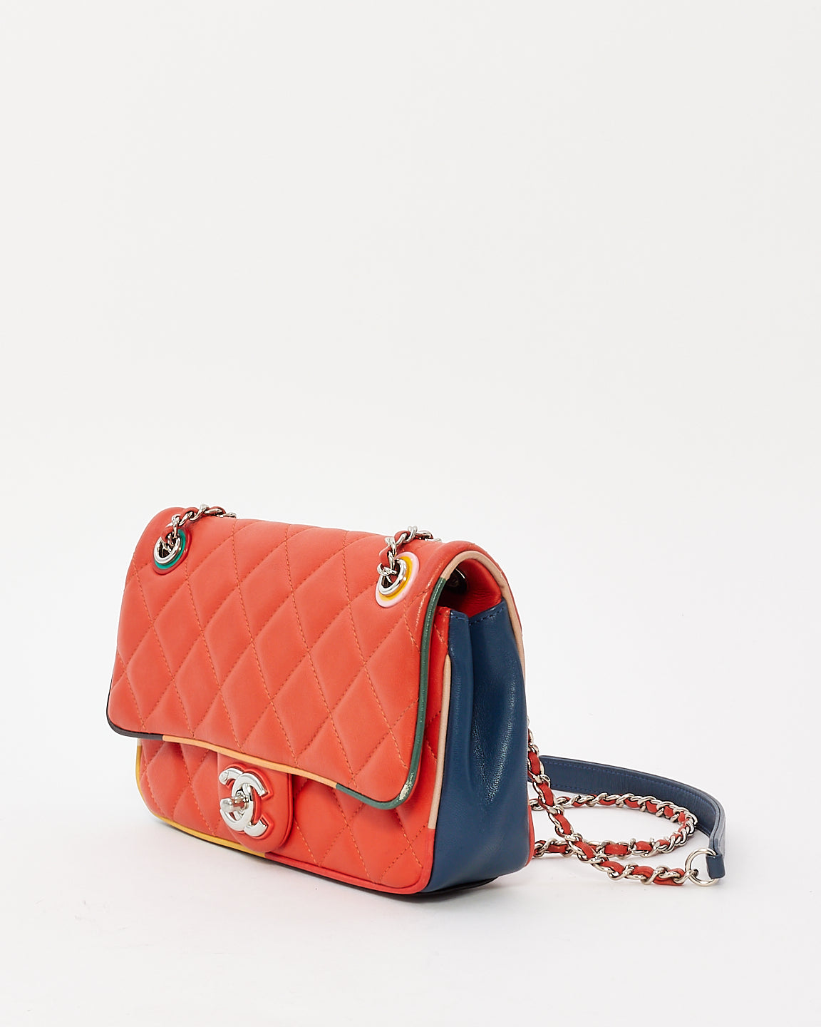 Chanel Coral & Navy Quilted Leather Paris-Cuba Single Flap Bag with Silver Hardware