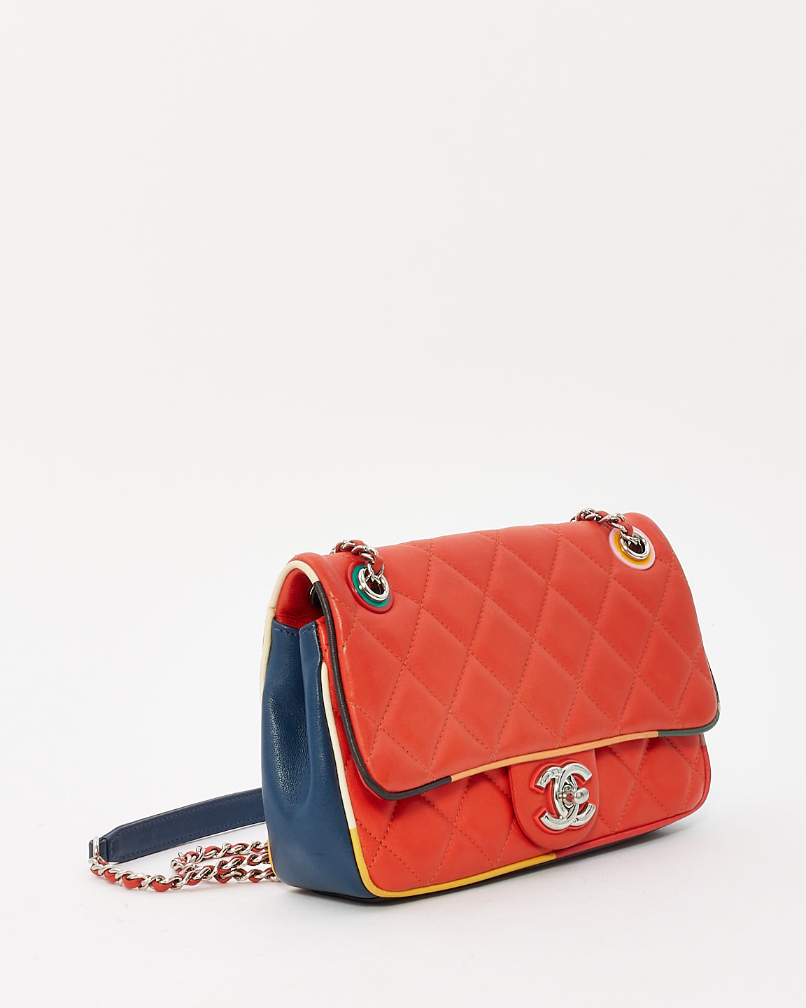 Chanel Coral & Navy Quilted Leather Paris-Cuba Single Flap Bag with Silver Hardware