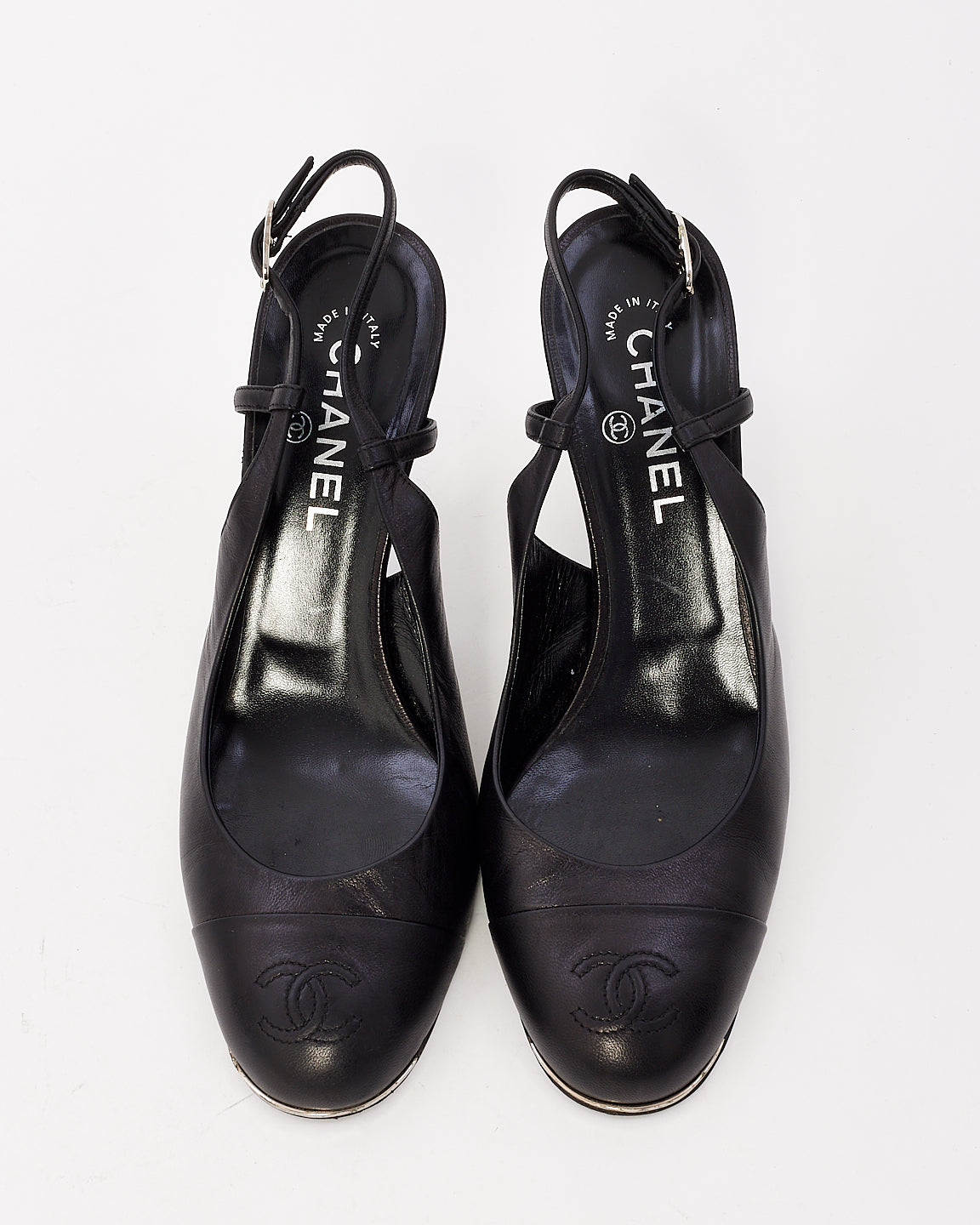 Chanel Black Leather Logo Round Toe Slingback Pumps - 41C