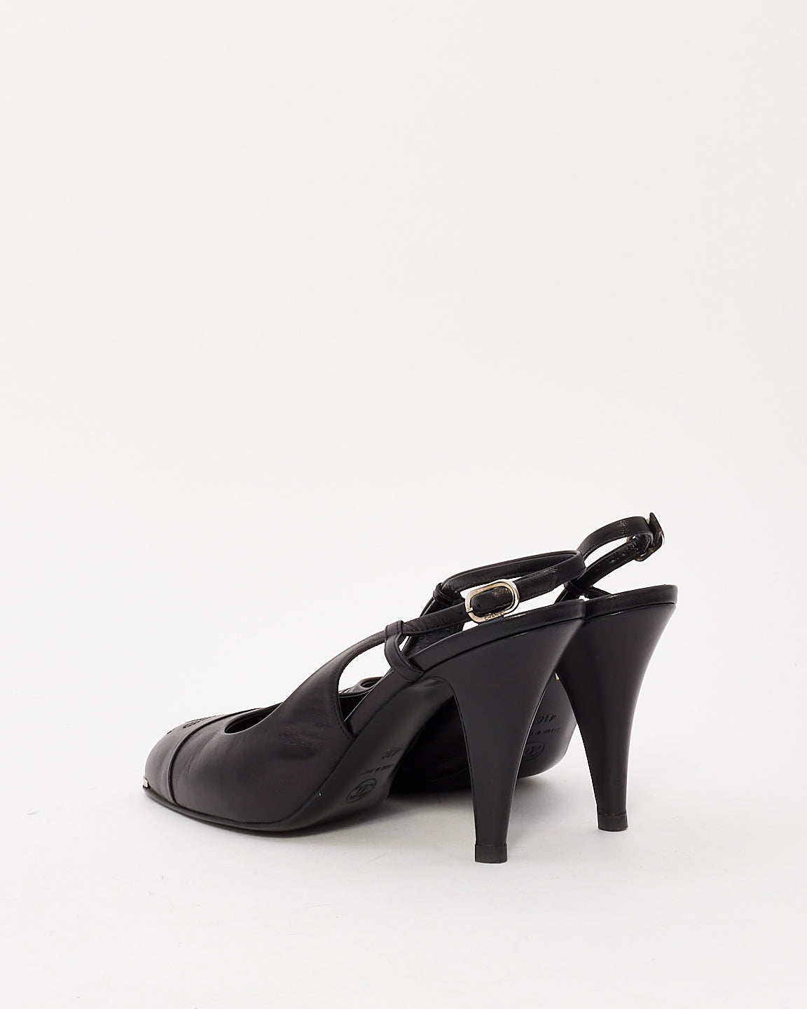 Chanel Black Leather Logo Round Toe Slingback Pumps - 41C