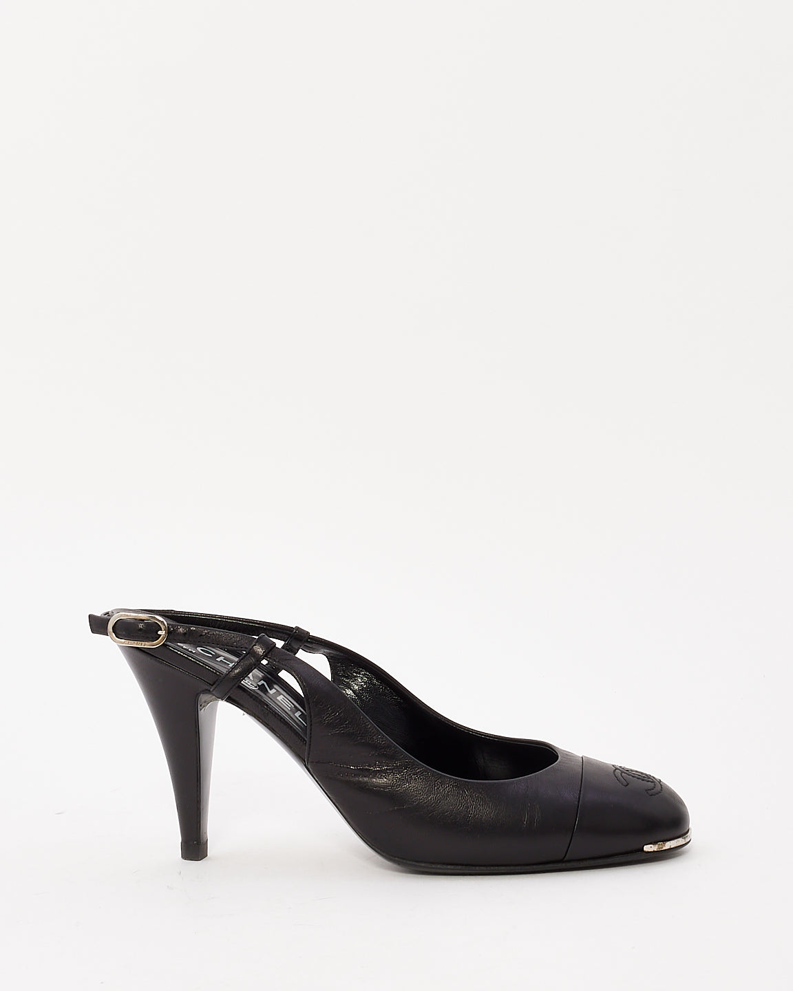 Chanel Black Leather Logo Round Toe Slingback Pumps - 41C