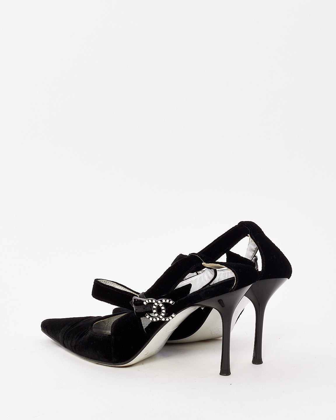 Chanel Black Velvet CC Crystal Logo Pointed Toe Pumps - 41