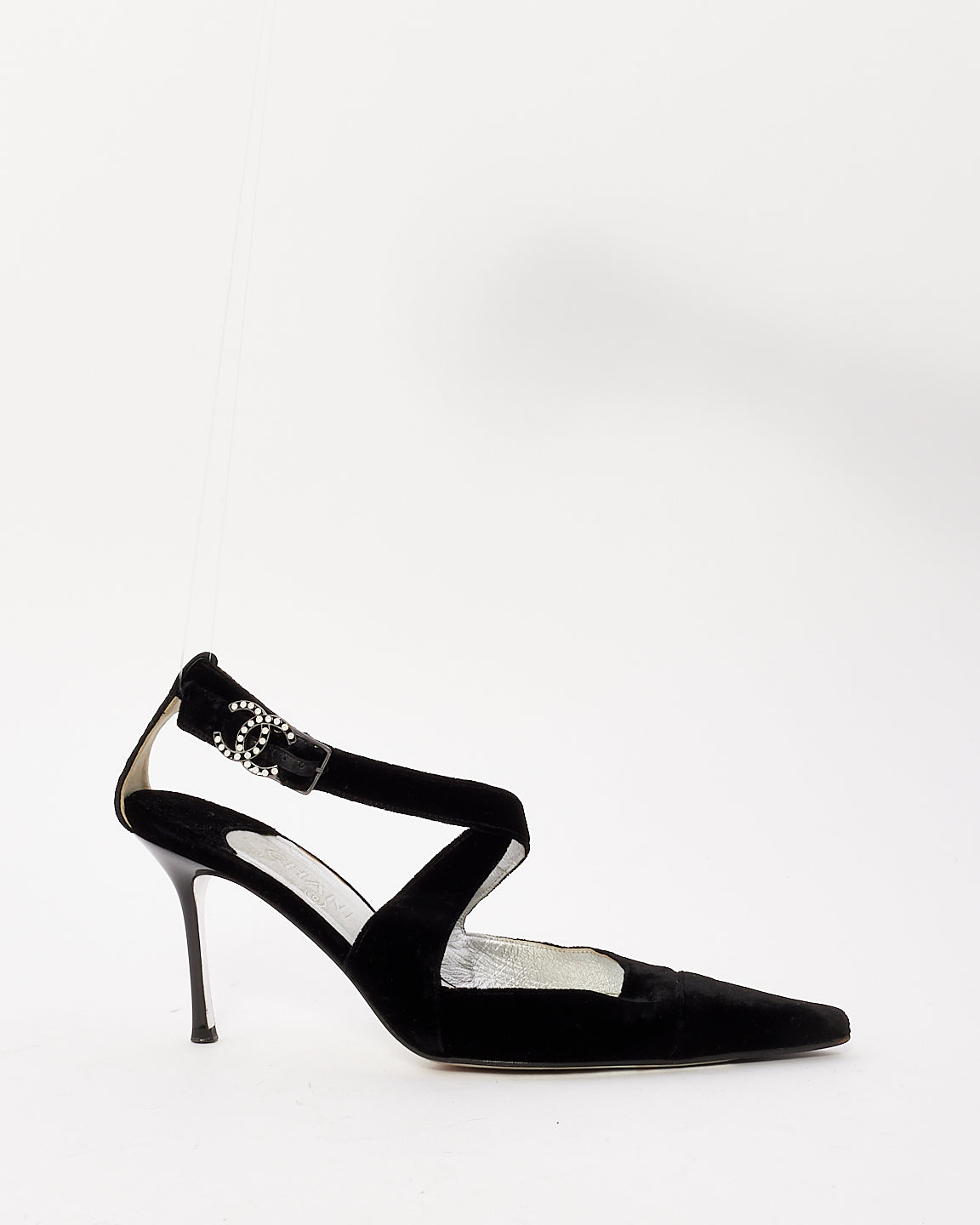 Chanel Black Velvet CC Crystal Logo Pointed Toe Pumps - 41