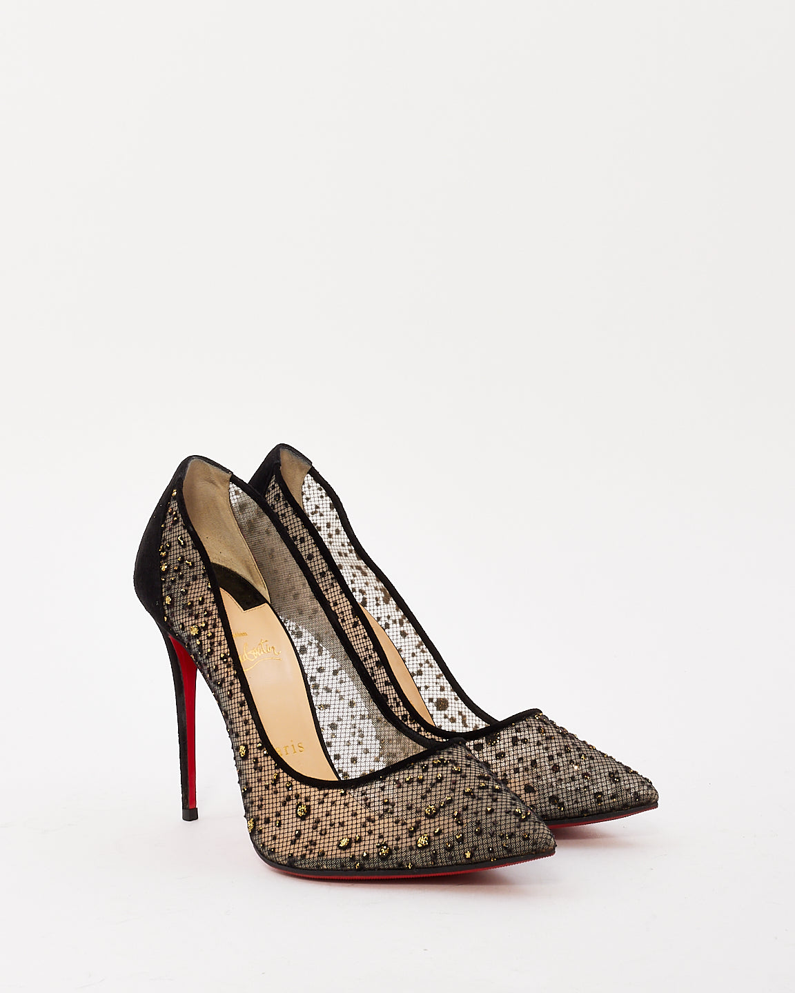 Christian Louboutin Escarpins à bout pointu ornés de cristaux en maille noire - 38,5