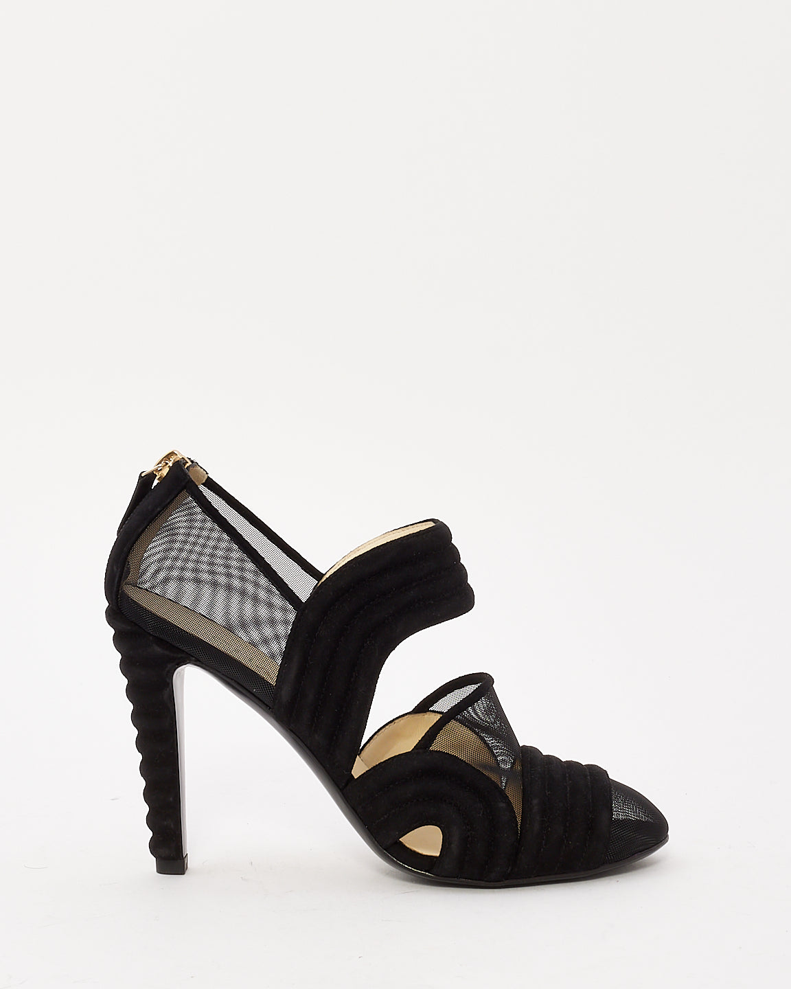 Chanel Black Suede Mesh Cap Toe Round Zip Up Pumps -38