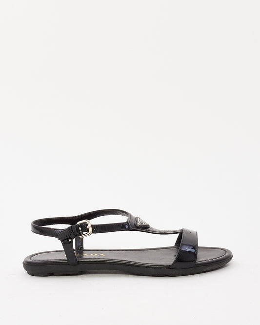 Prada Black Patent Leather Logo Strappy Flat Sandals - 36.5