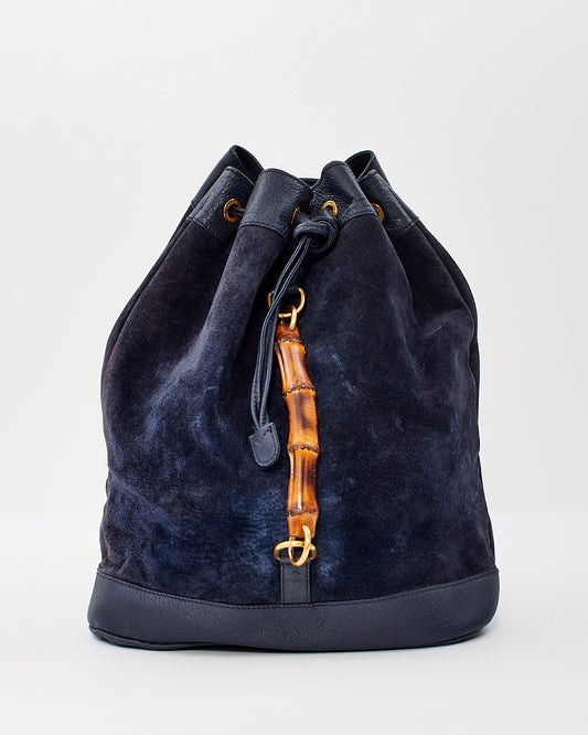 Sac à dos Duffle en daim et cuir bleu marine vintage Gucci avec poignée en bambou