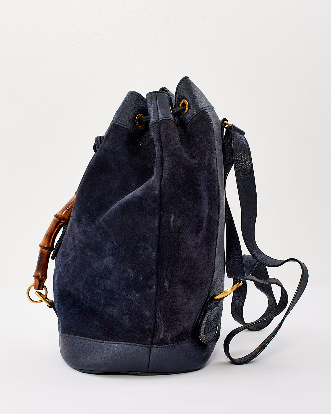 Gucci Vintage Navy Blue Suede & Leather Bamboo Handle Duffle Backpack