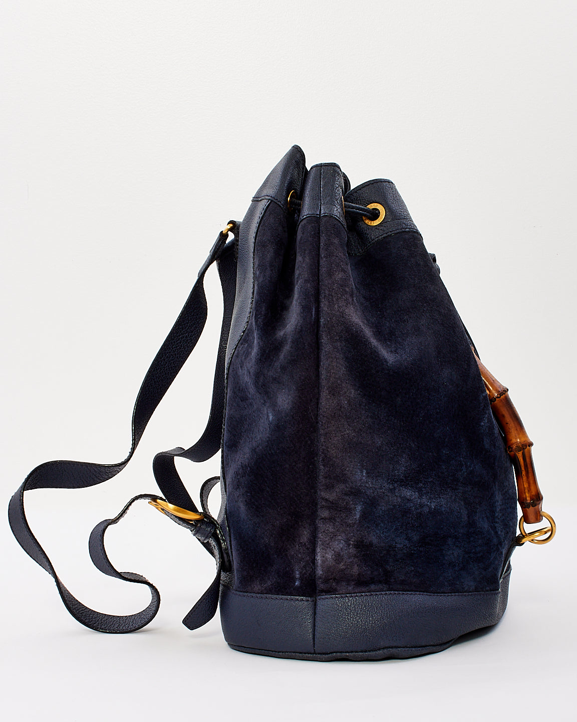 Gucci Vintage Navy Blue Suede & Leather Bamboo Handle Duffle Backpack