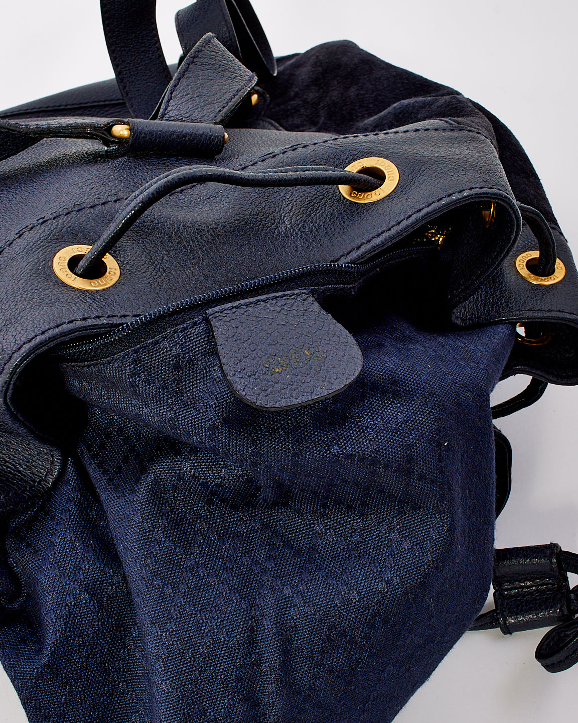 Gucci Vintage Navy Blue Suede & Leather Bamboo Handle Duffle Backpack