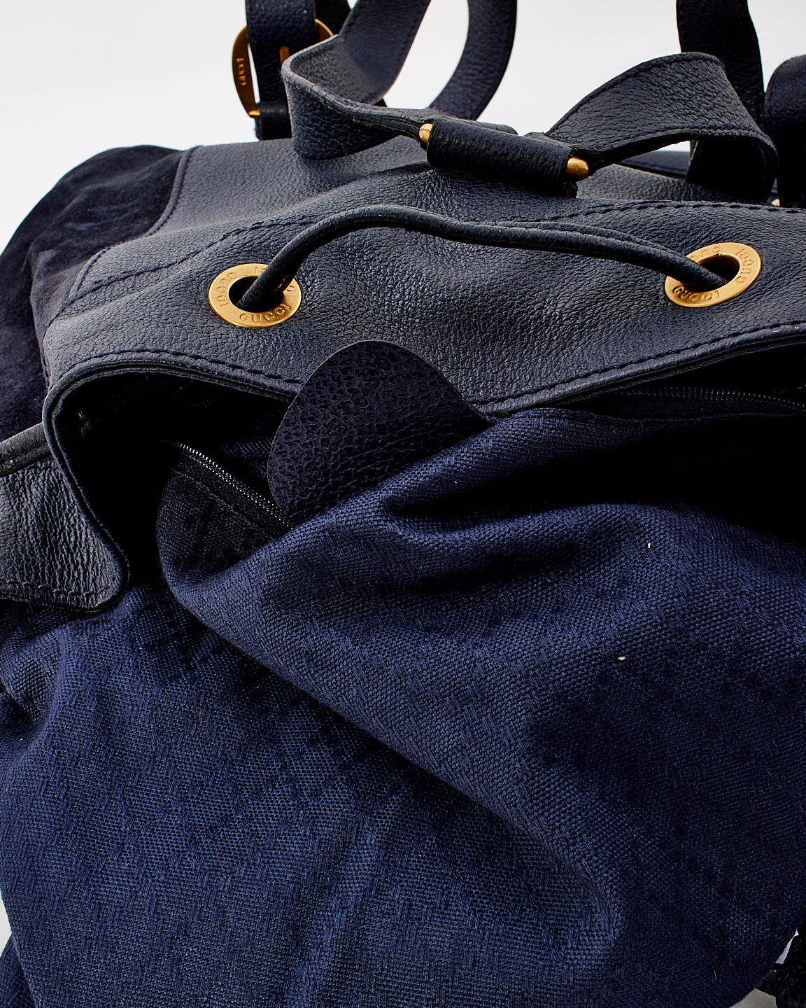 Gucci Vintage Navy Blue Suede & Leather Bamboo Handle Duffle Backpack