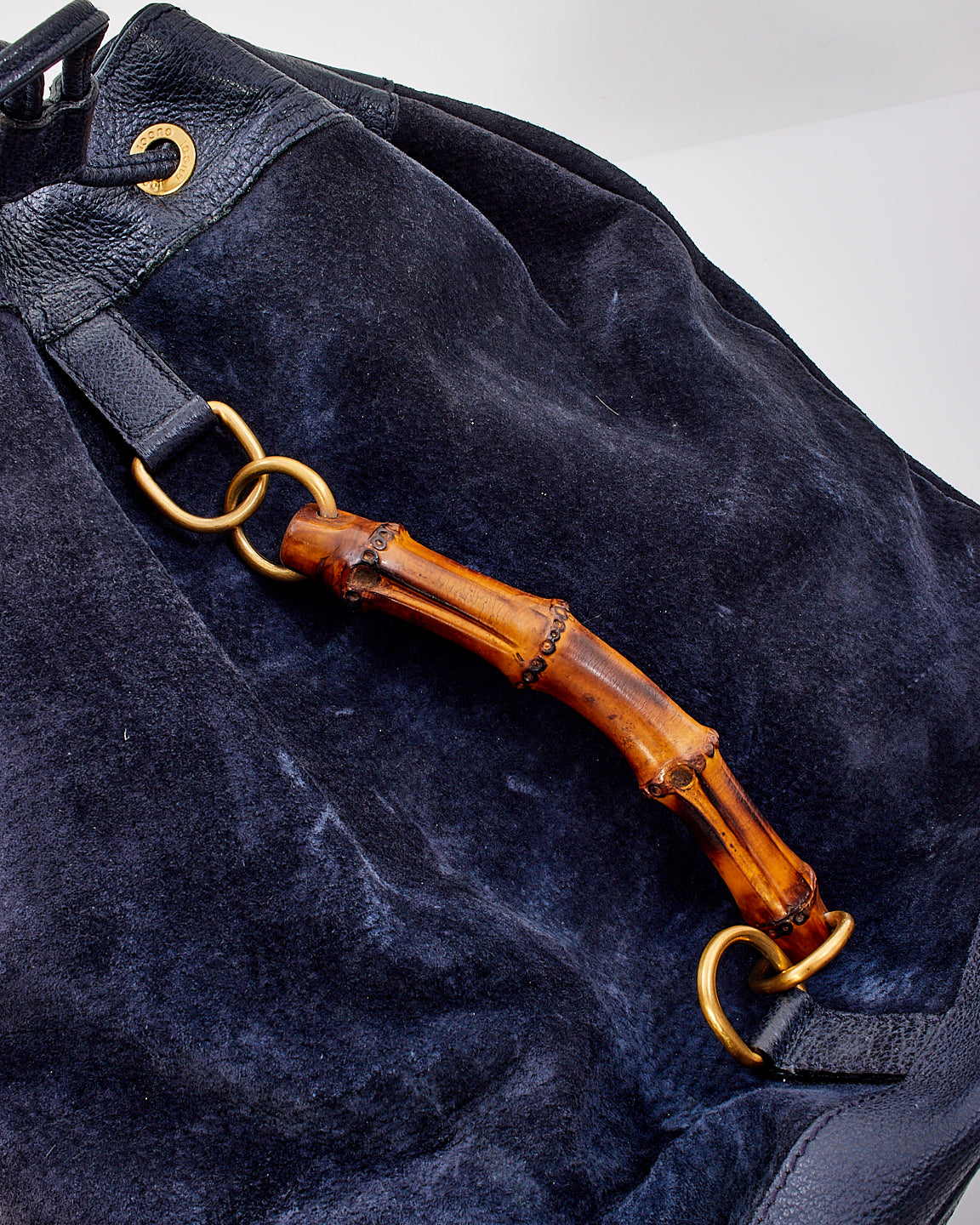 Gucci Vintage Navy Blue Suede & Leather Bamboo Handle Duffle Backpack