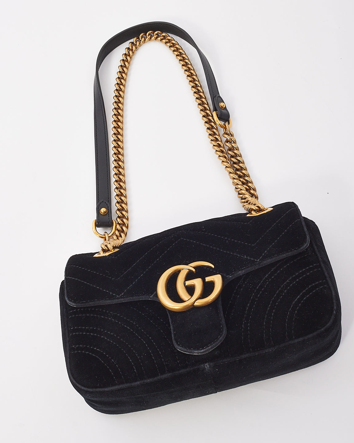 Gucci Black Matelasse Velvet Mini GG Marmont Shoulder Bag