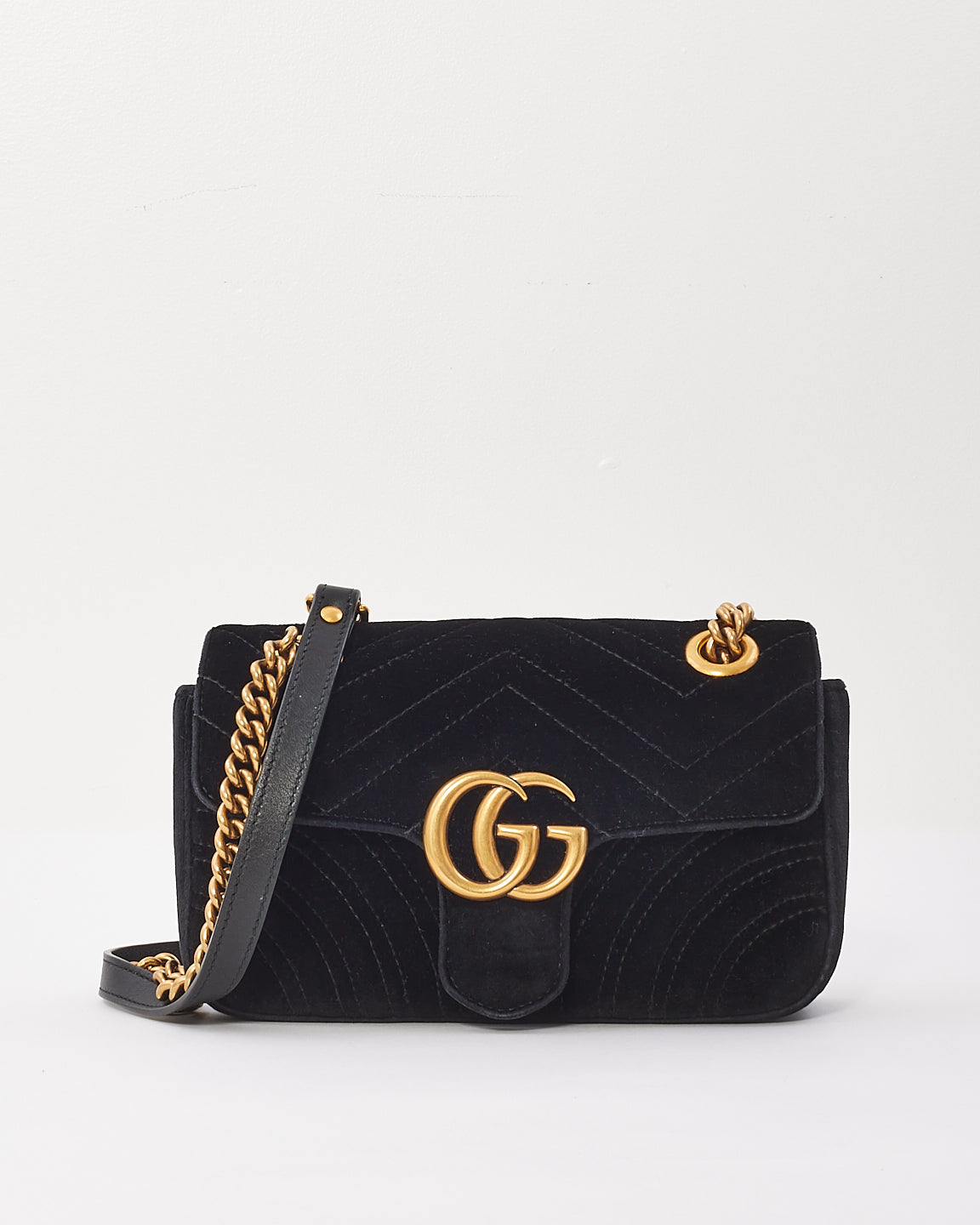 Gucci Black Matelasse Velvet Mini GG Marmont Shoulder Bag