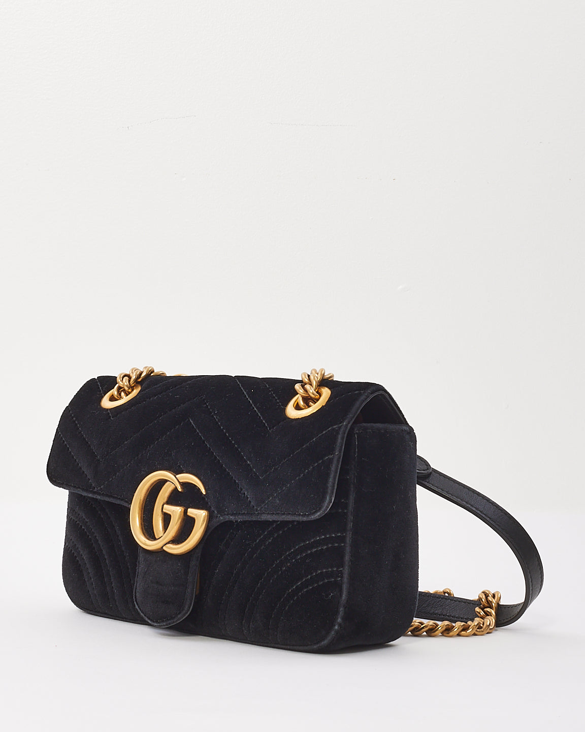 Gucci Black Matelasse Velvet Mini GG Marmont Shoulder Bag