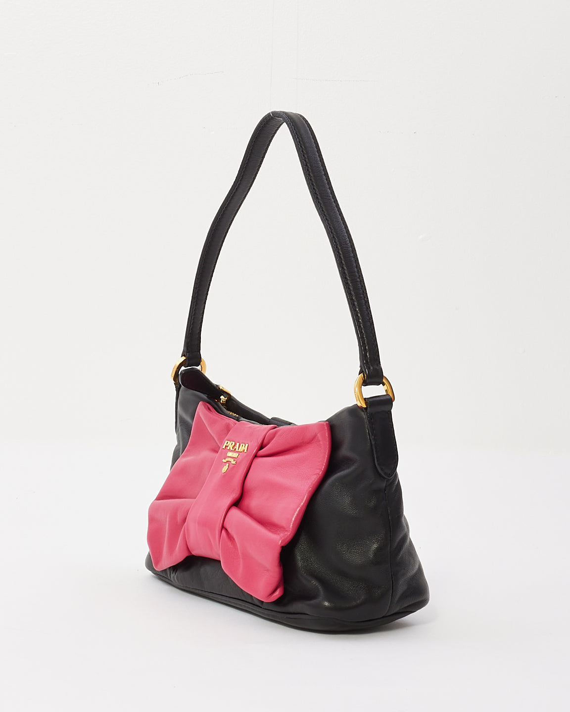 Prada Black & Pink Leather Nappa Fiocco Small Bow Shoulder Bag