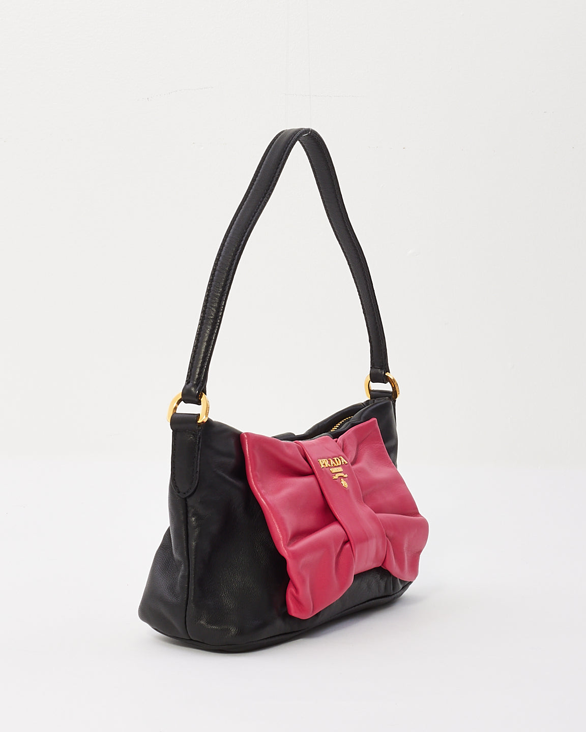 Prada Black & Pink Leather Nappa Fiocco Small Bow Shoulder Bag