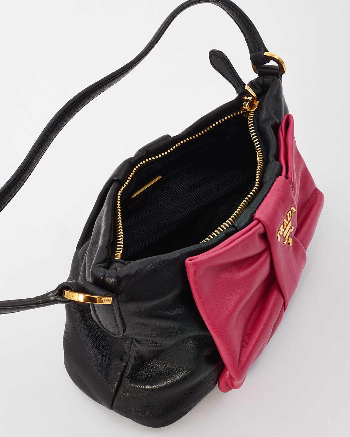 Prada Black & Pink Leather Nappa Fiocco Small Bow Shoulder Bag