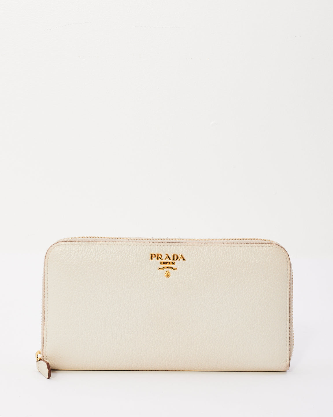 Prada White Pebbled Leather Long Zip Around Wallet