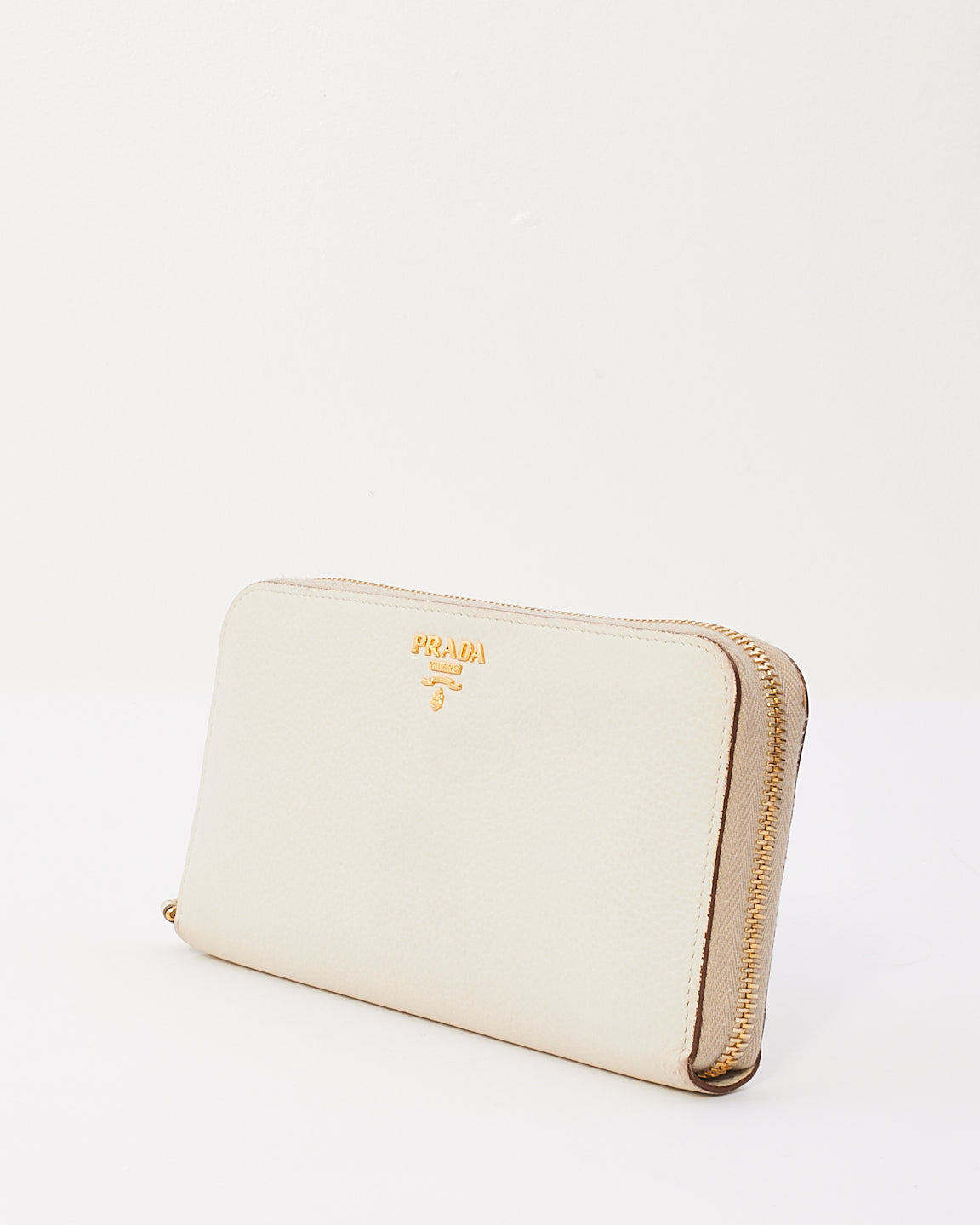 Prada White Pebbled Leather Long Zip Around Wallet