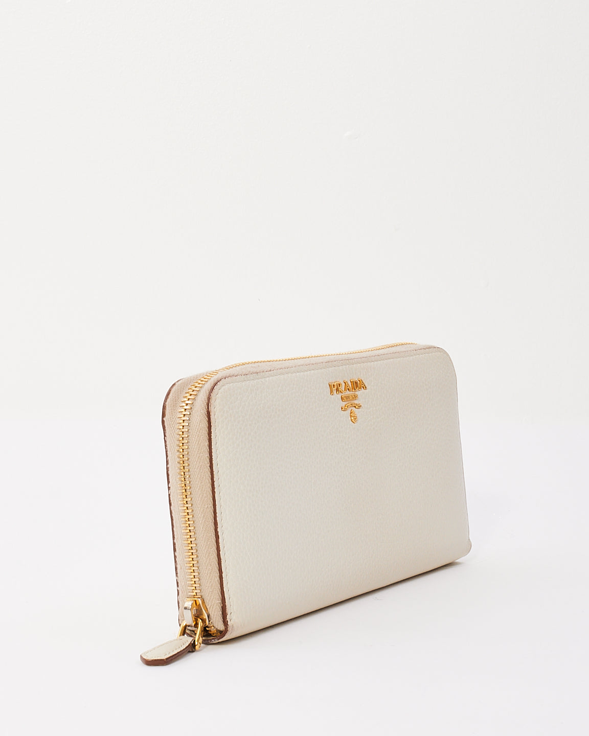 Prada White Pebbled Leather Long Zip Around Wallet