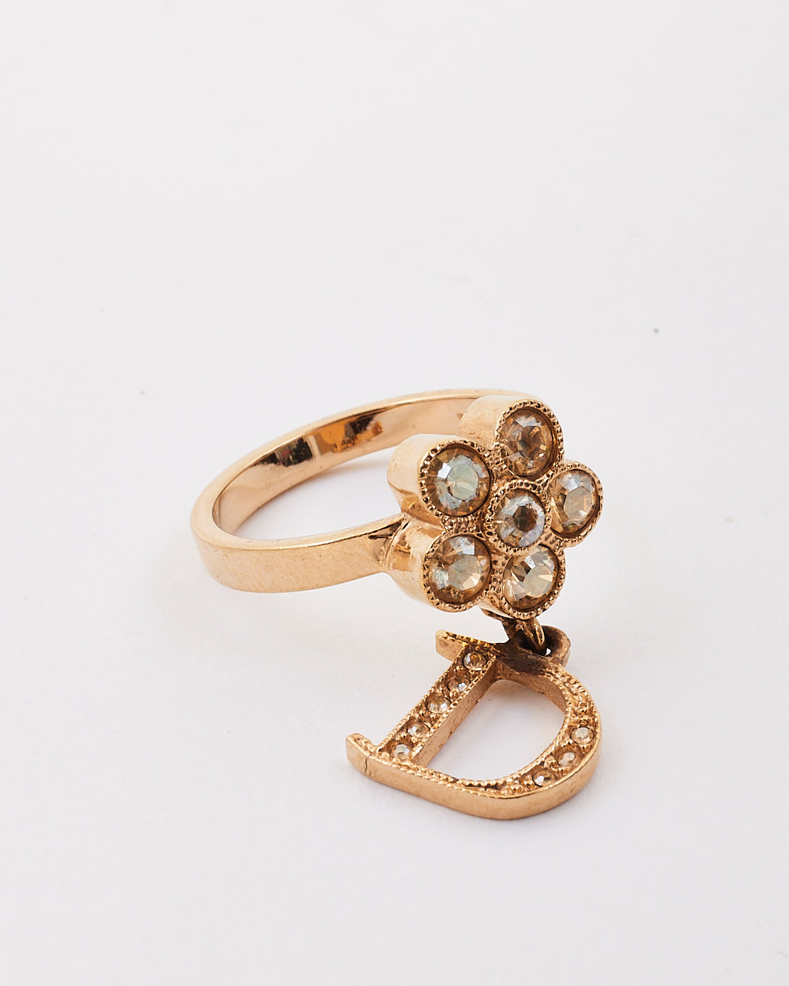 Dior Gold Tone Metal Flower Crystal Rose D Charm Ring -6