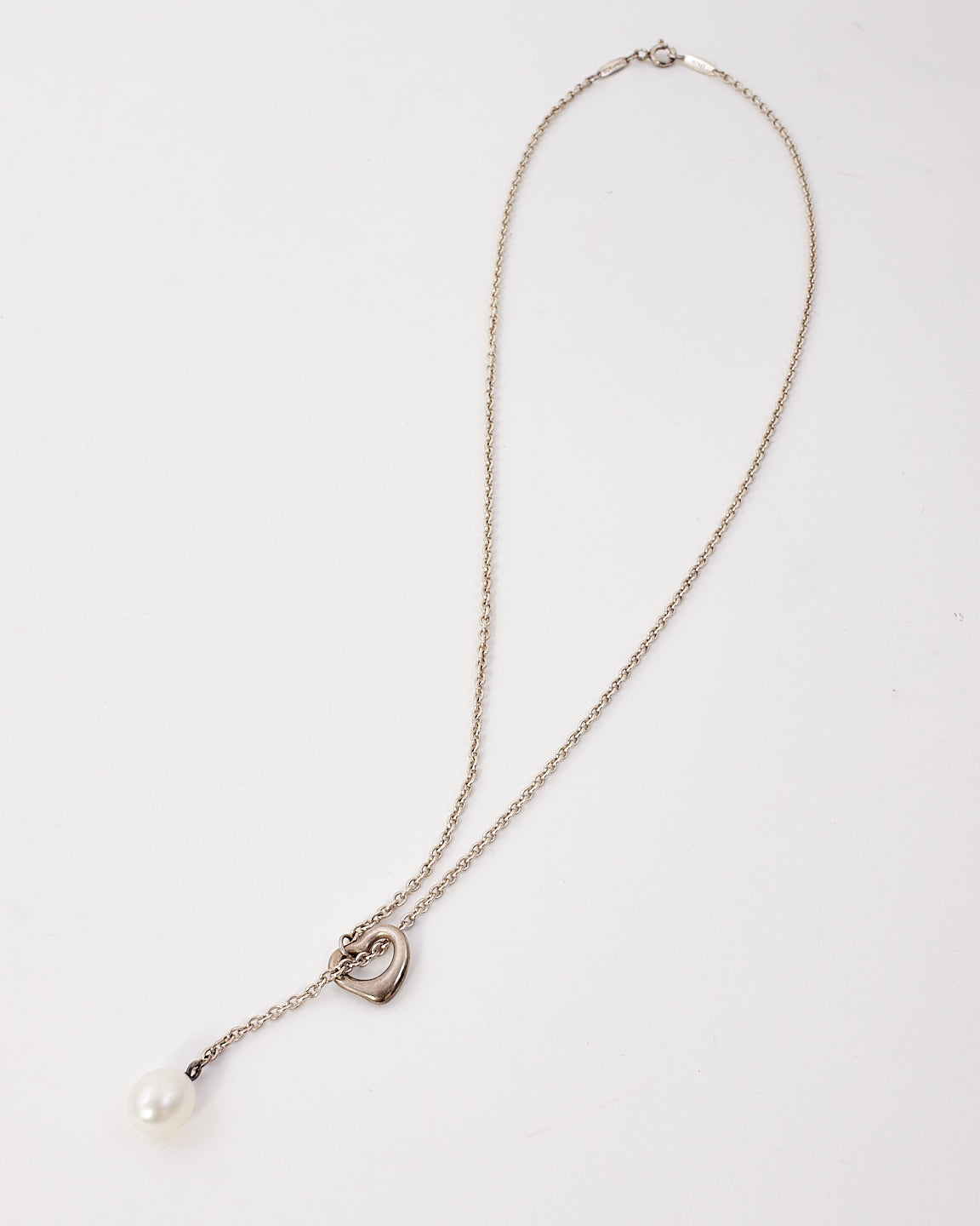 Tiffany & Co. Silver & Pearl Open Heart Lariat Elsa Peretti Necklace