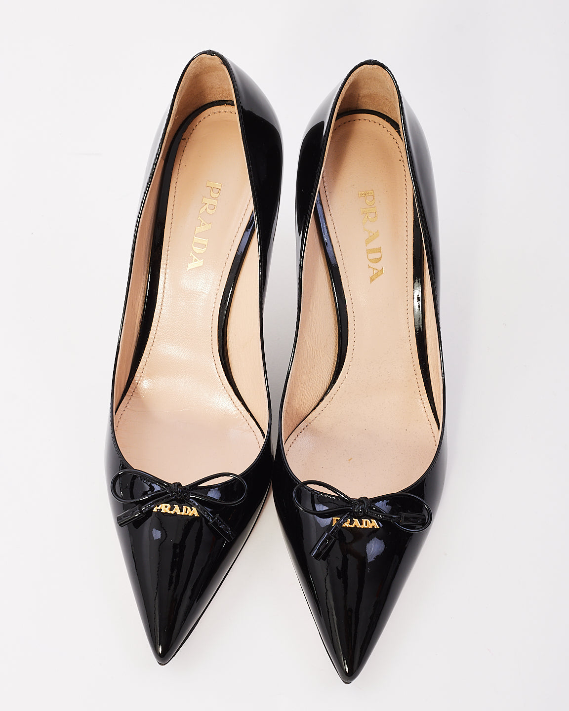 Prada Black Patent Leather Logo Bow Pointed Toe Pumps - 39