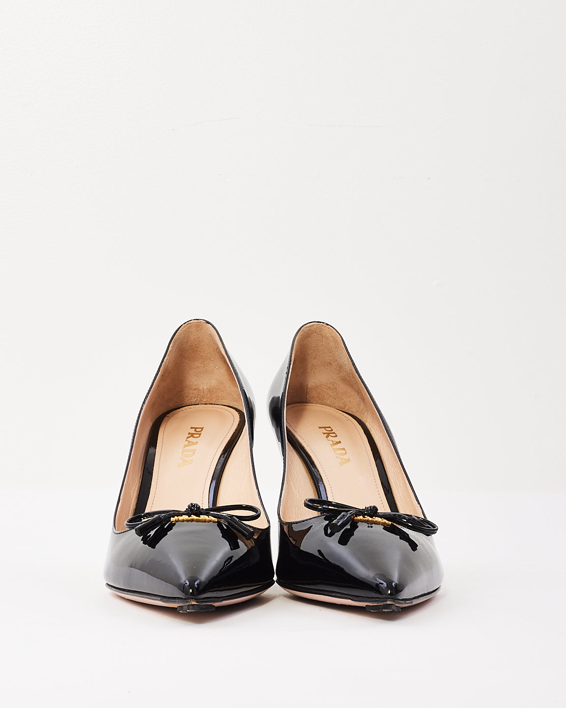 Prada Black Patent Leather Logo Bow Pointed Toe Pumps - 39