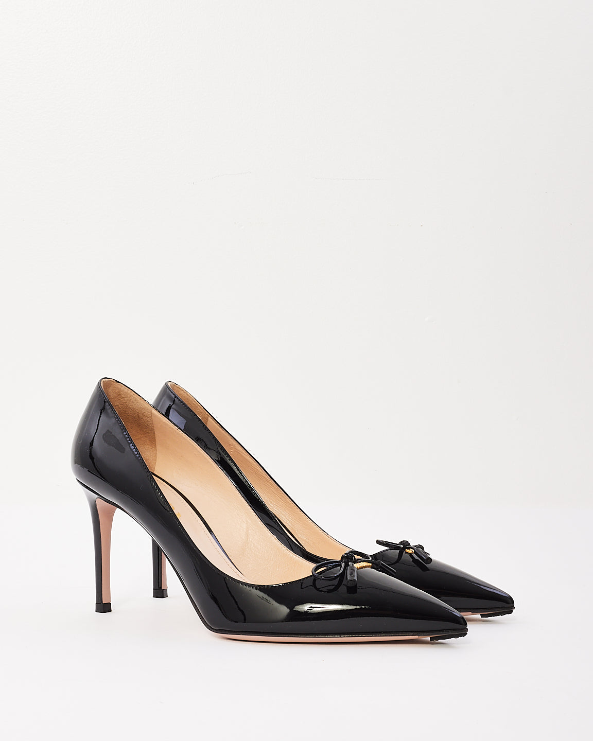 Prada Black Patent Leather Logo Bow Pointed Toe Pumps - 39