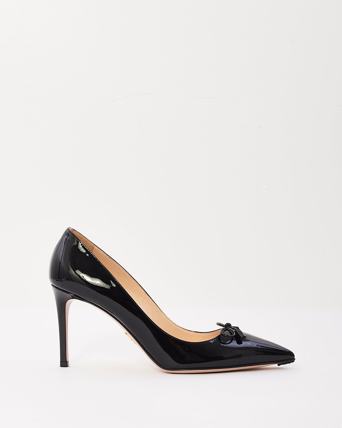 Prada Black Patent Leather Logo Bow Pointed Toe Pumps - 39