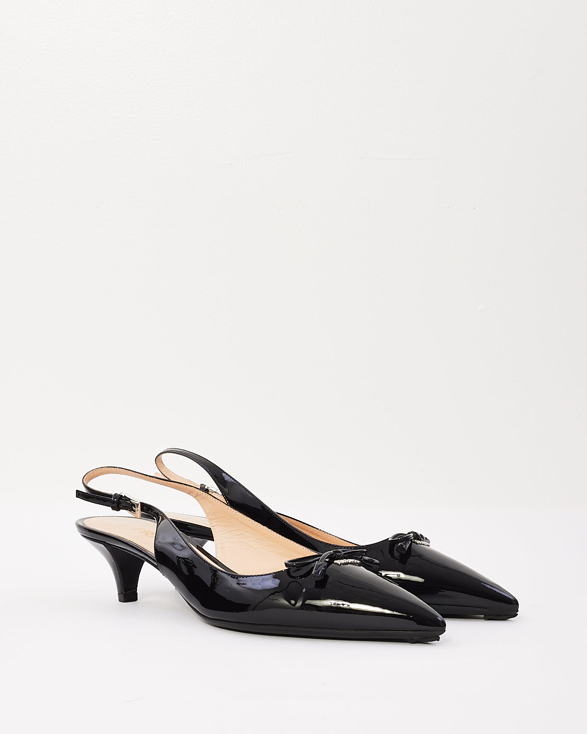 Prada Black Patent Leather with Bow Sling Back Heels - 39