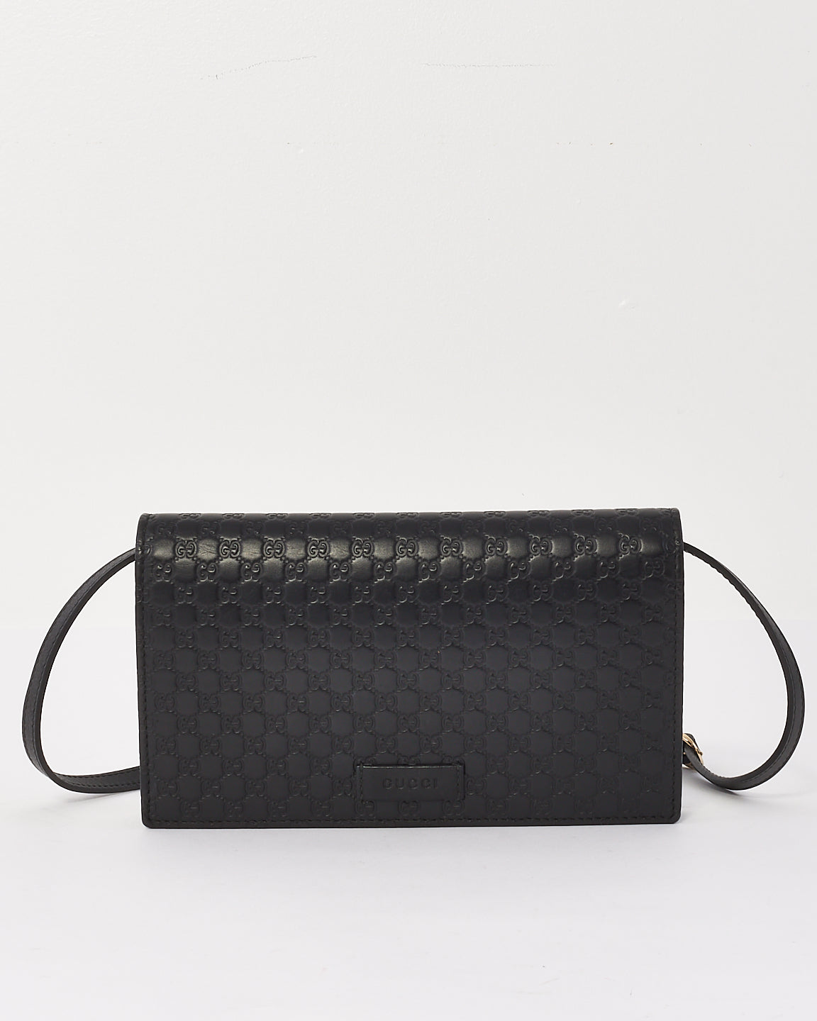 Gucci Black Leather Guccissima Wallet On Strap