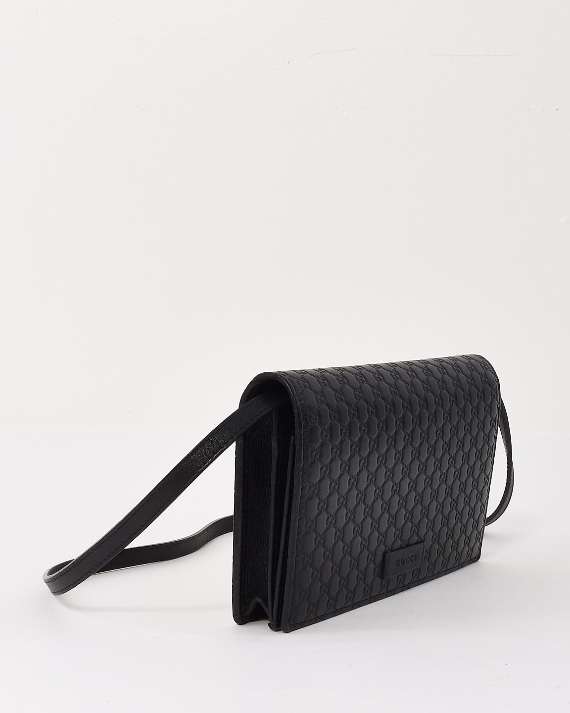 Gucci Black Leather Guccissima Wallet On Strap