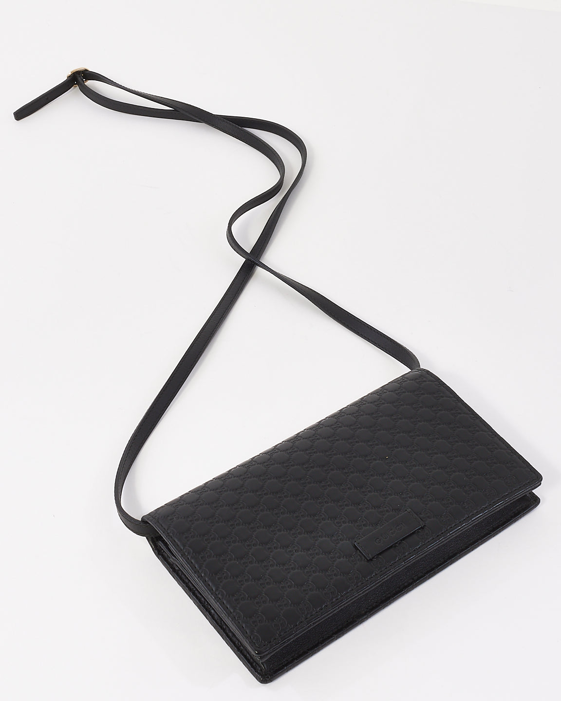 Gucci Black Leather Guccissima Wallet On Strap