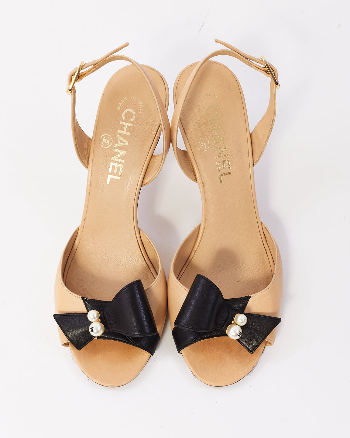 Chanel Beige Leather with Black Bow and CC Pearl Sandals - 37